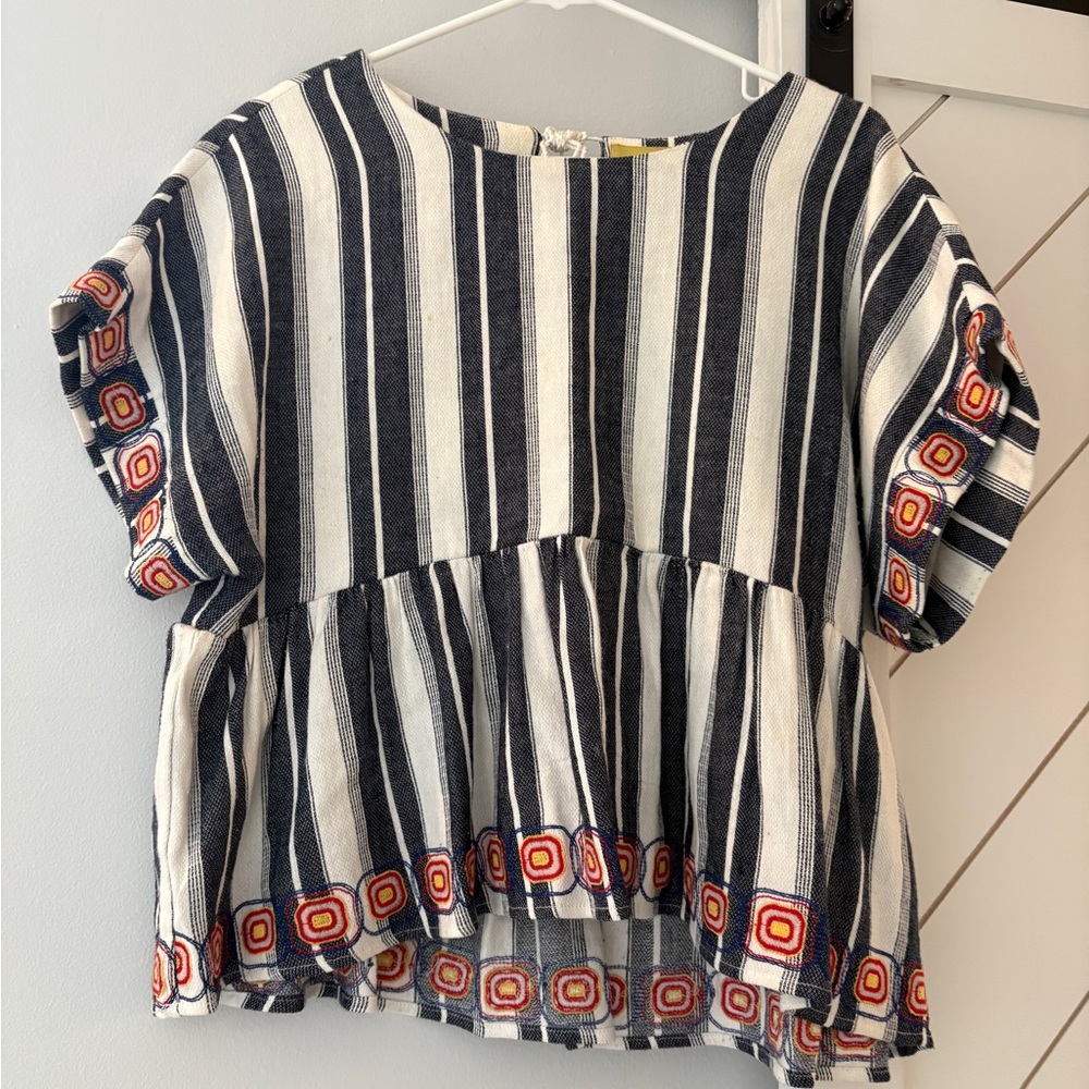 Maeve Striped Navy and White Women's Top with Embroidered Accents